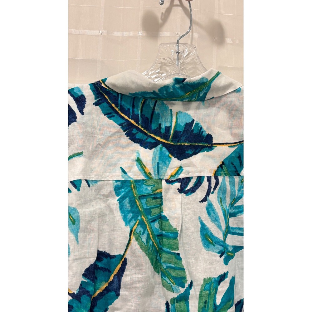 Chico's 100% Linen Tropical Leaf Print Button Down Shirt White Teal Blue Size 2 - Picture 8 of 8